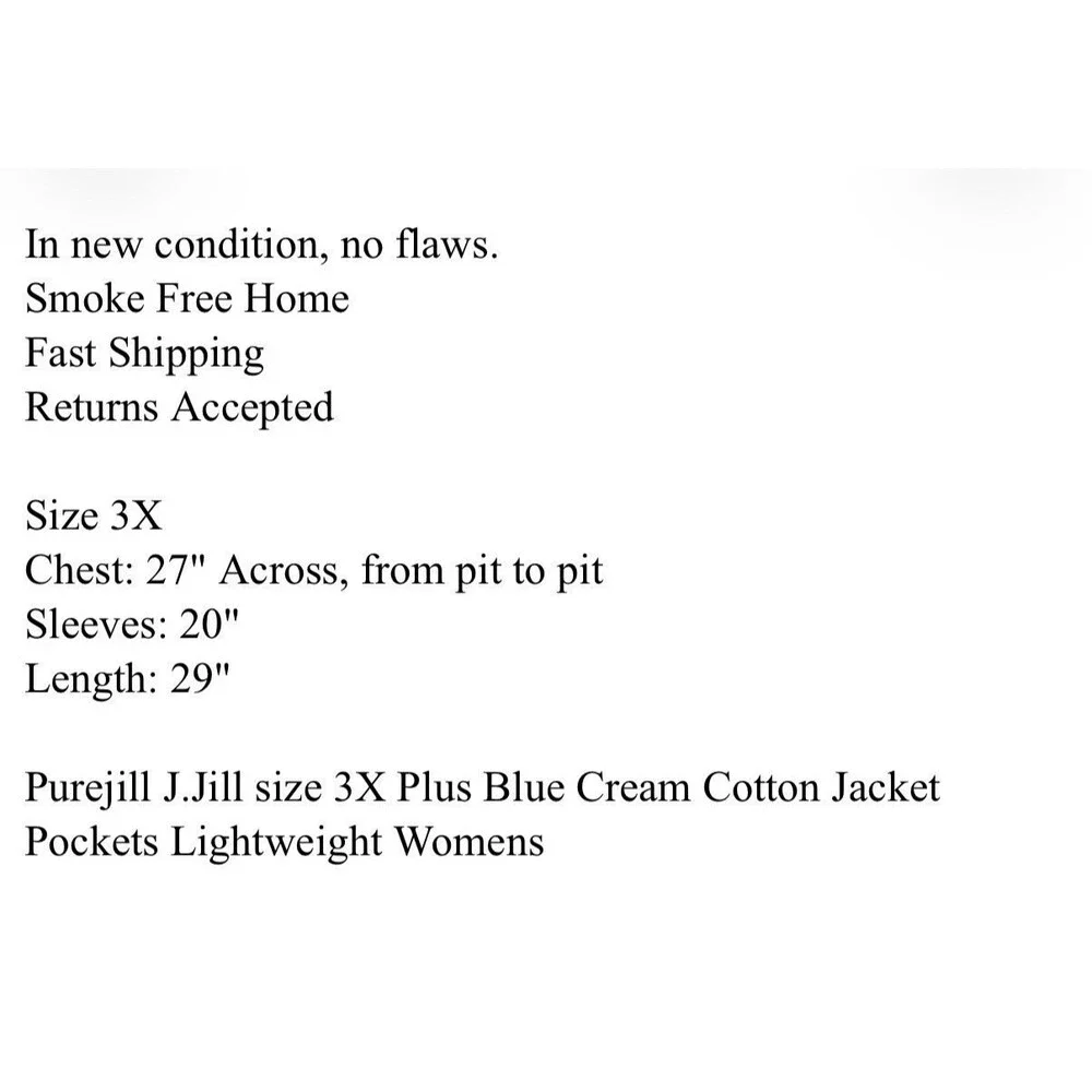 Purejill J.Jill size 3X Plus Blue Cream Cotton Jacket Pockets Lightweight Womens